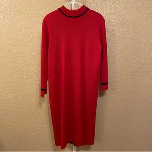 Vintage 100% Merino Wool Classic Red Sweater Dress with Black Trim. Medium
